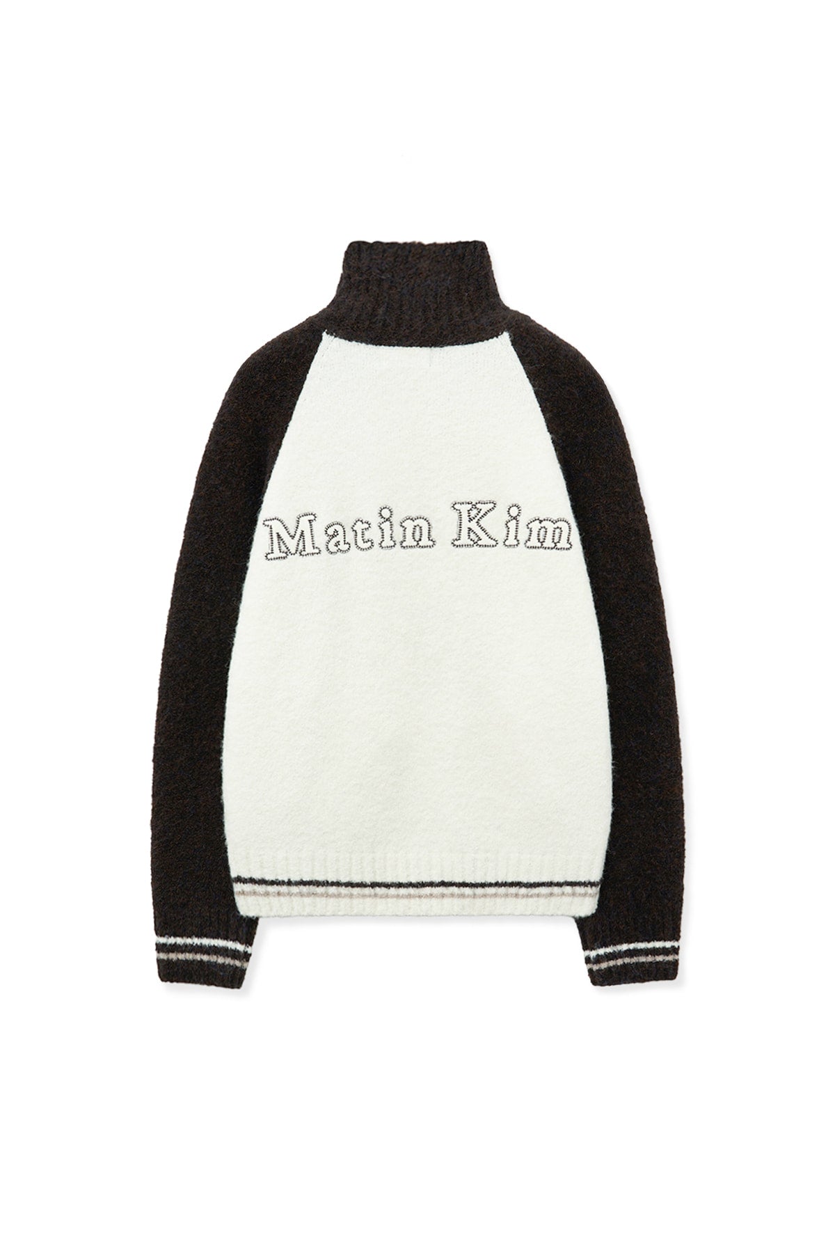 matinkim HIGH NECK RAGLAN KNIT ZIP UP FOR WOMEN IN DARK BROWN