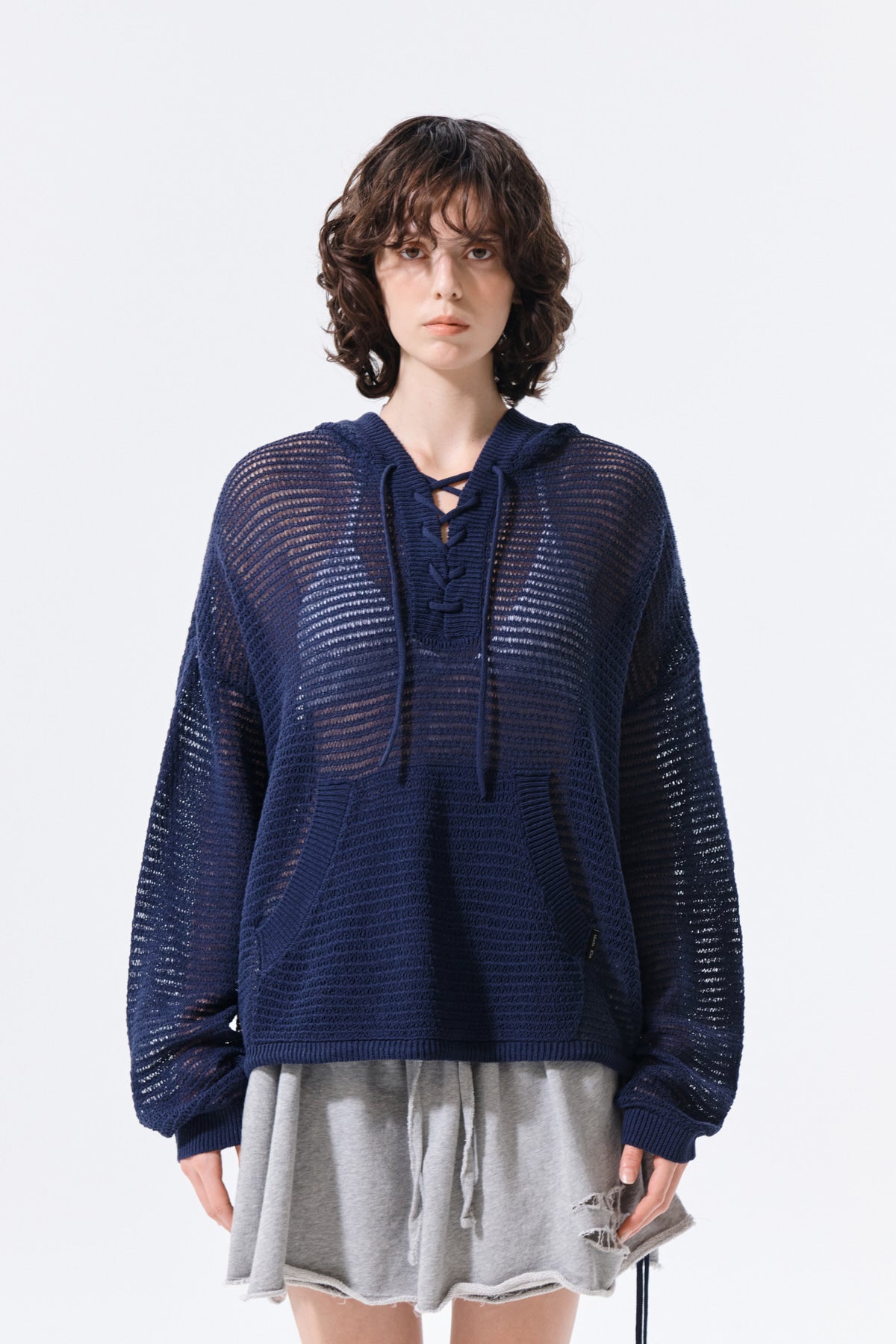 matinkim OVERSIZED MESH KNIT HOODIE IN NAVY