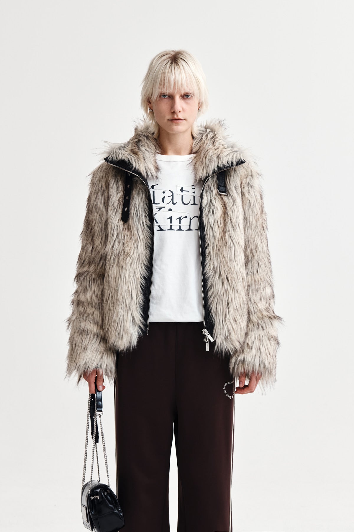 matinkim NECK BUCKLE CROP FUR JUMPER IN IVORY