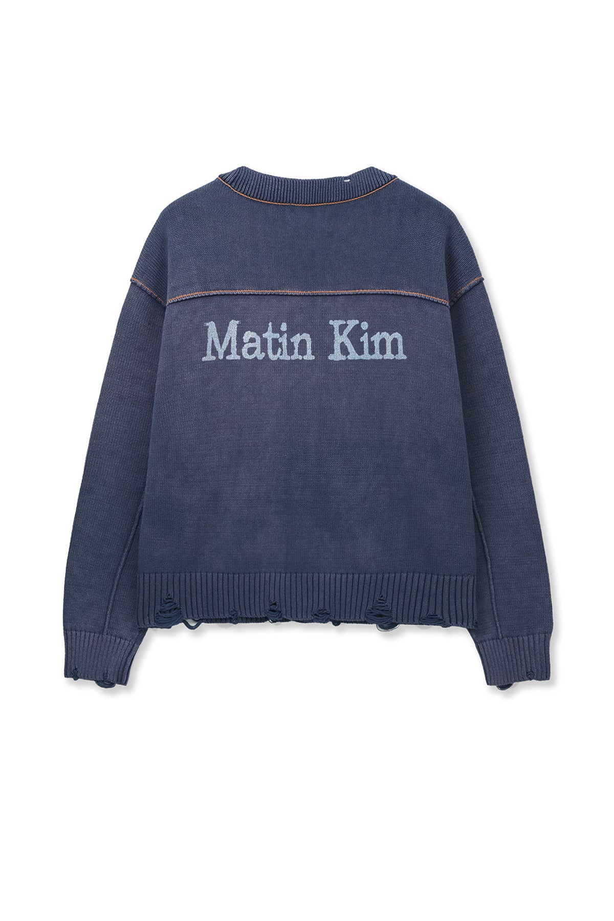matinkim BACK LOGO LINE POINT KNIT CARDIGAN IN SMOKE BLUE