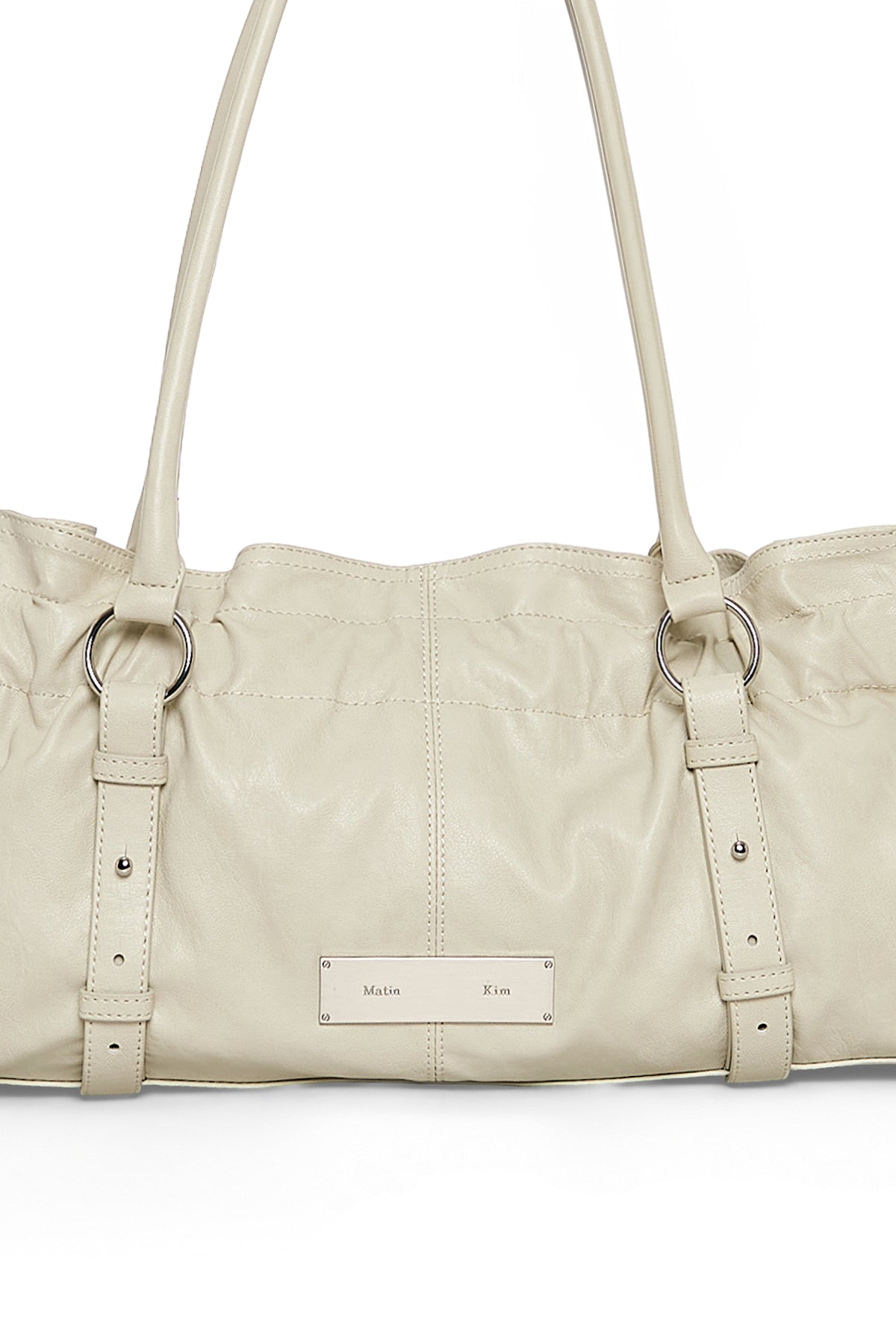 matinkim SHIRRING TIE BUCKLE SHOULDER BAG IN BEIGE