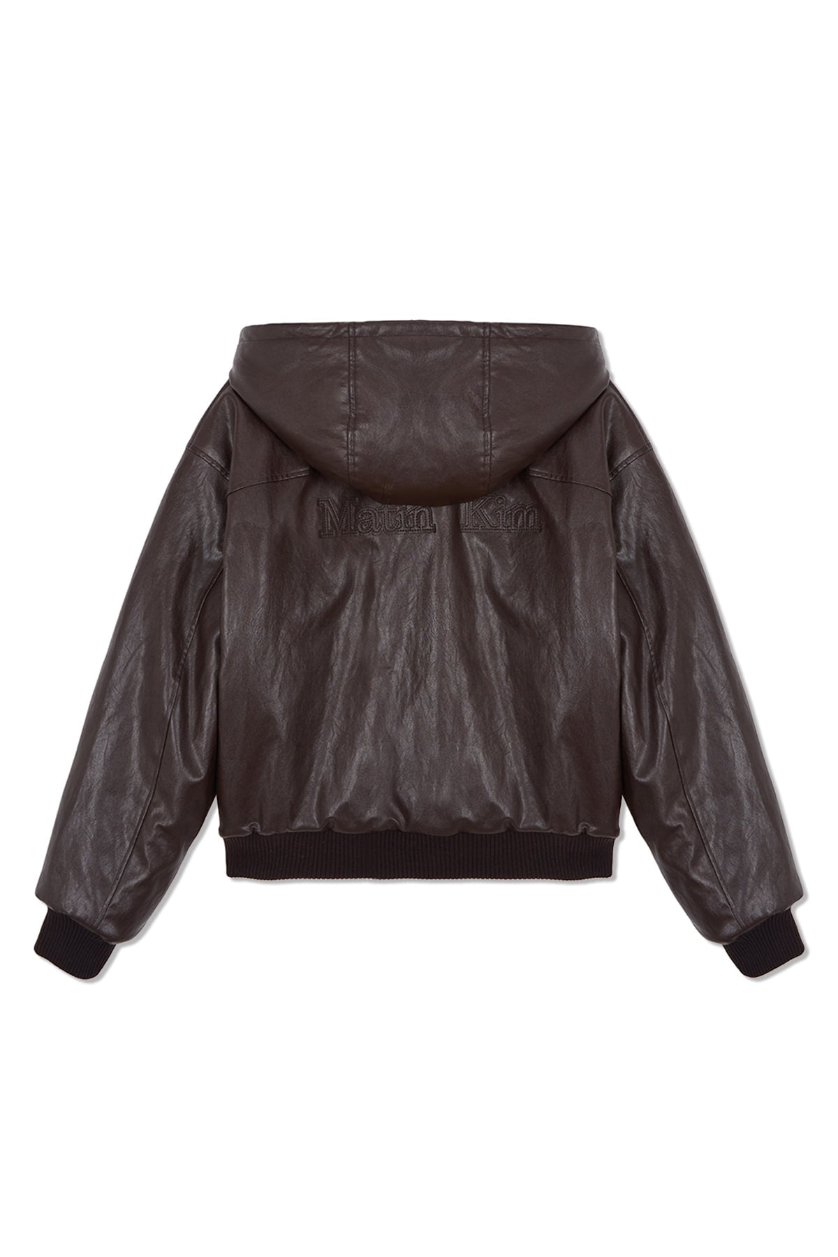 matinkim FAUX LEATHER ZIP UP HOODY IN BROWN