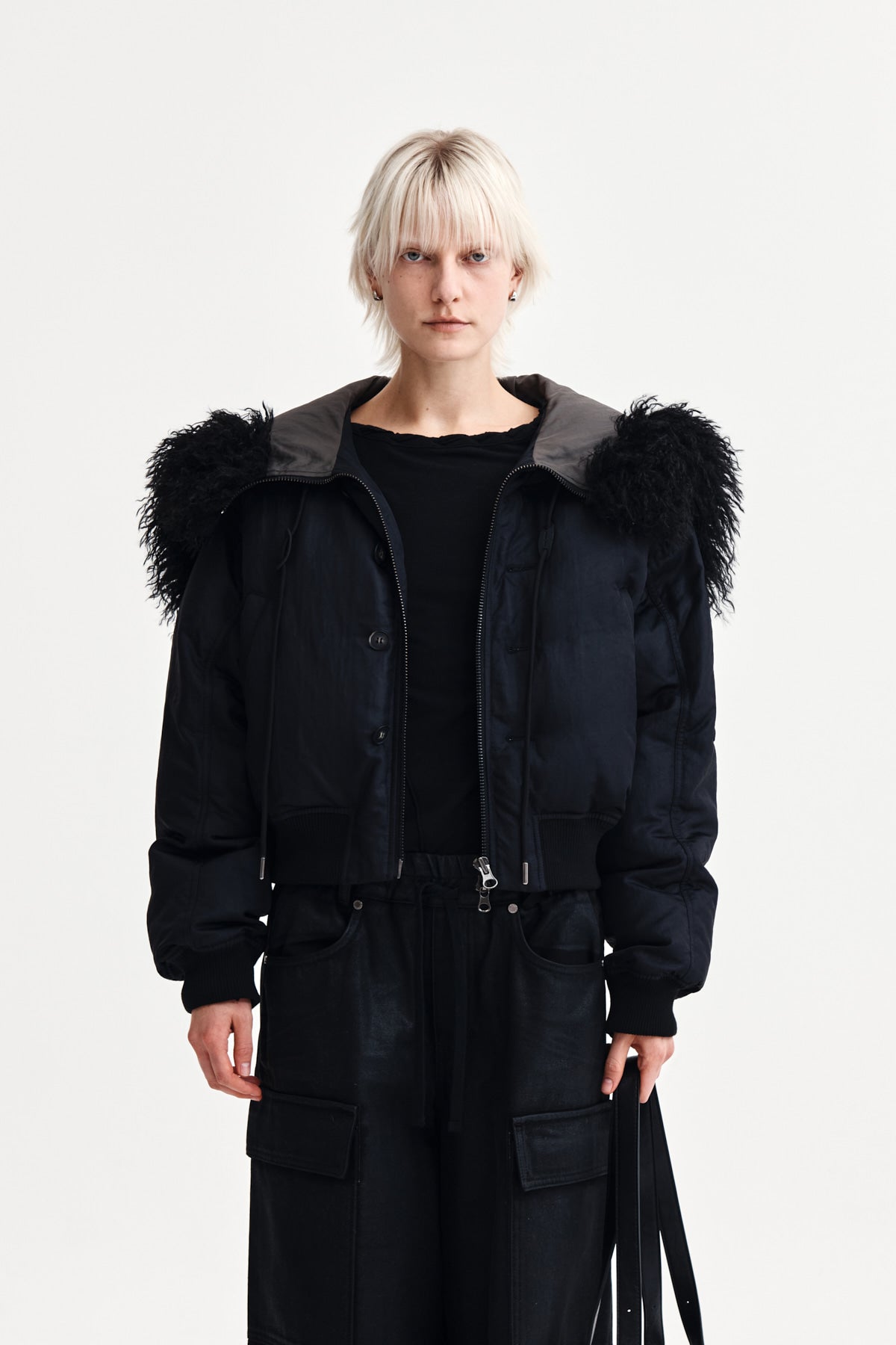 matinkim FUR HOODY BOMBER DOWN JUMPER IN BLACK