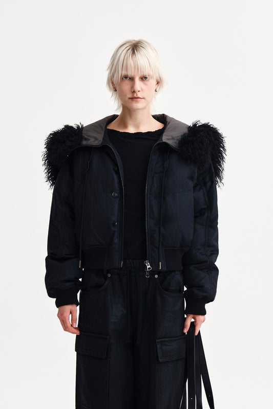 matinkim FUR HOODY BOMBER DOWN JUMPER IN BLACK