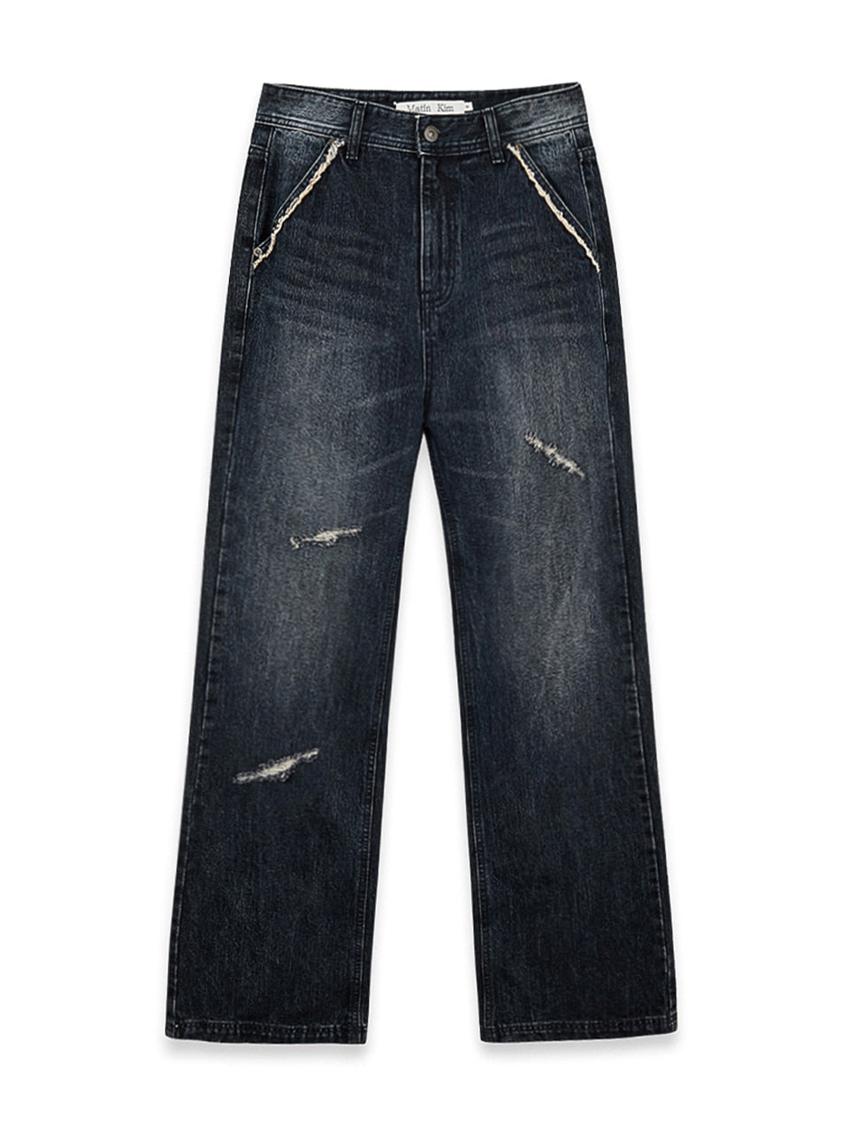 matinkim SEMI BOOTS CUT WASHED DENIM PANTS IN NAVY