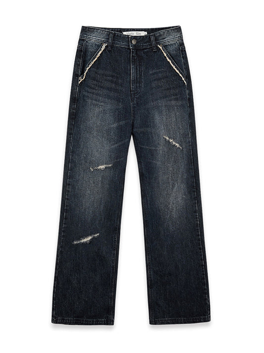 matinkim SEMI BOOTS CUT WASHED DENIM PANTS IN NAVY
