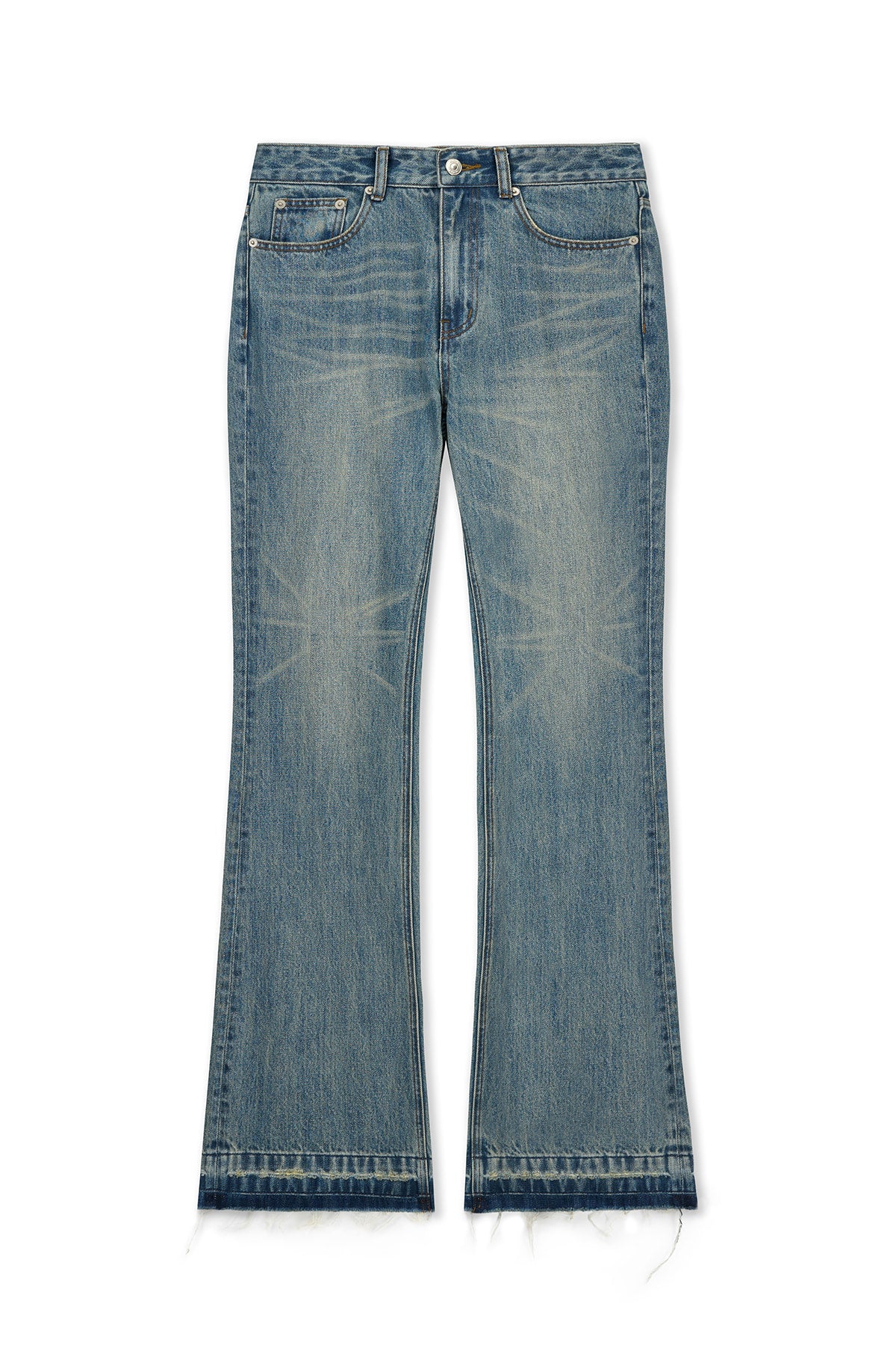 matinkim WASHED POINT BOOTS CUT DENIM PANTS IN BLUE