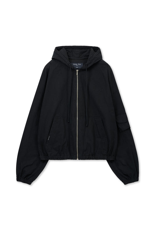 matinkim WASHED COTTON HOODY ZIP UP IN BLACK