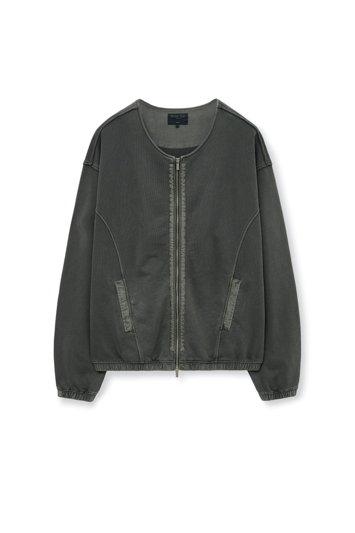 matinkim PIGMENT DYED COLLARLESS ZIP UP JUMPER FOR MEN IN CHARCOAL