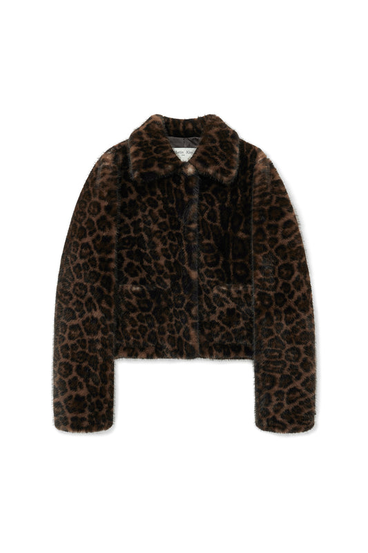 matinkim LEOPARD FUR CROP JACKET IN BROWN