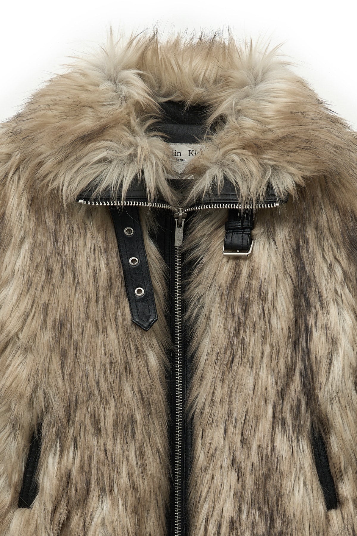 matinkim NECK BUCKLE CROP FUR JUMPER IN BEIGE