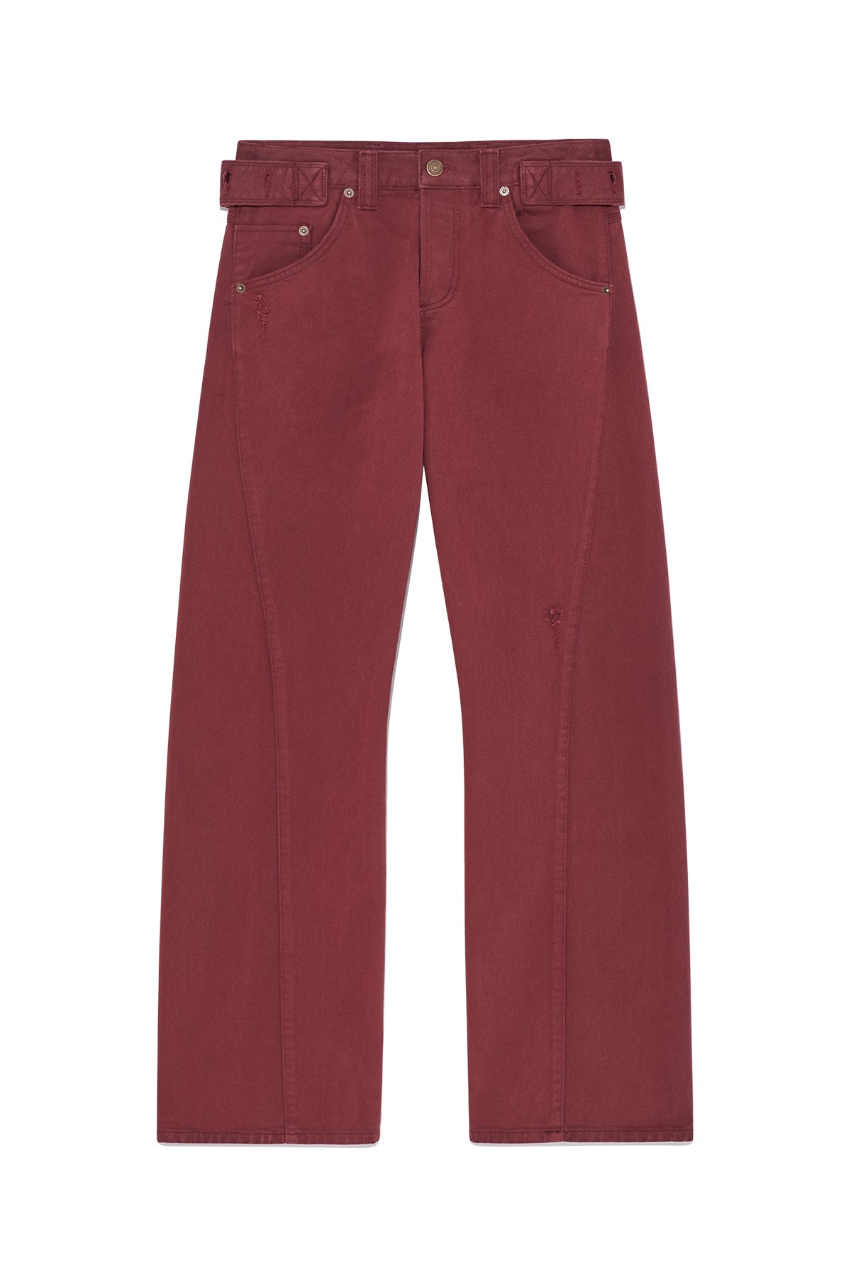 matinkim WAIST BUCKLE CURVED DYING DENIM PANTS IN RED