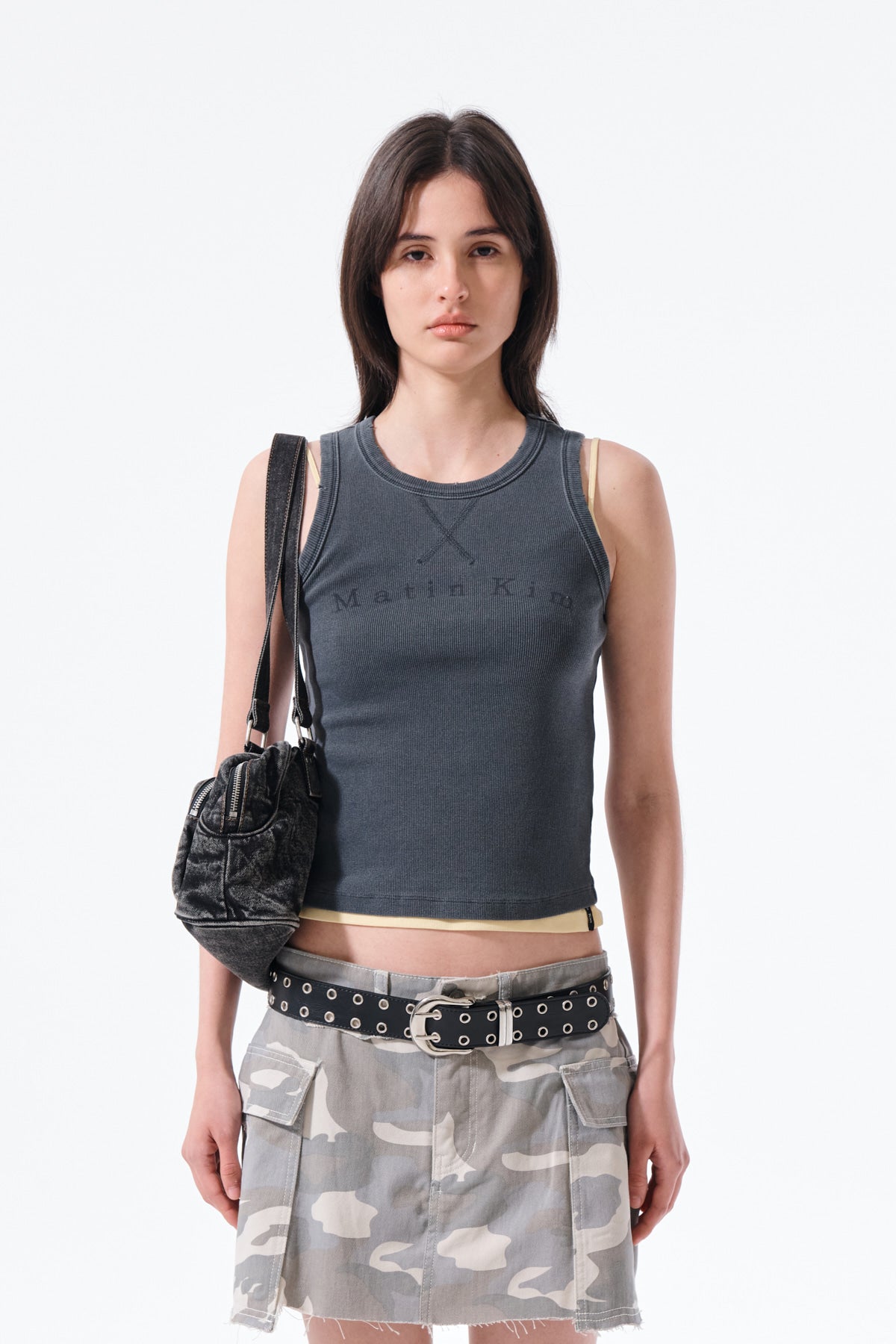 matinkim DISTRESSED SLEEVELESS LOGO TOP IN CHARCOAL