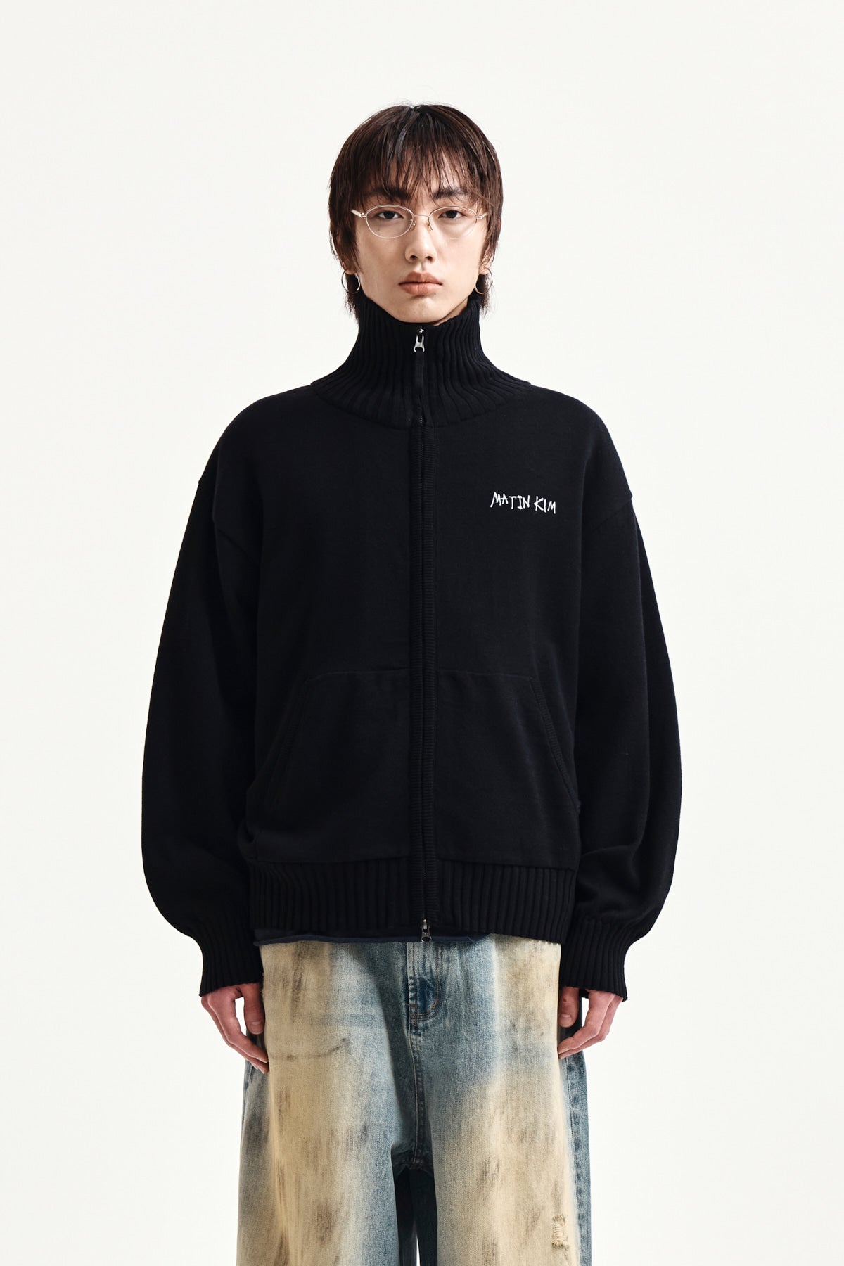 matinkim HIGH NECK EMBROIDERED LOGO ZIP UP FOR MEN IN BLACK