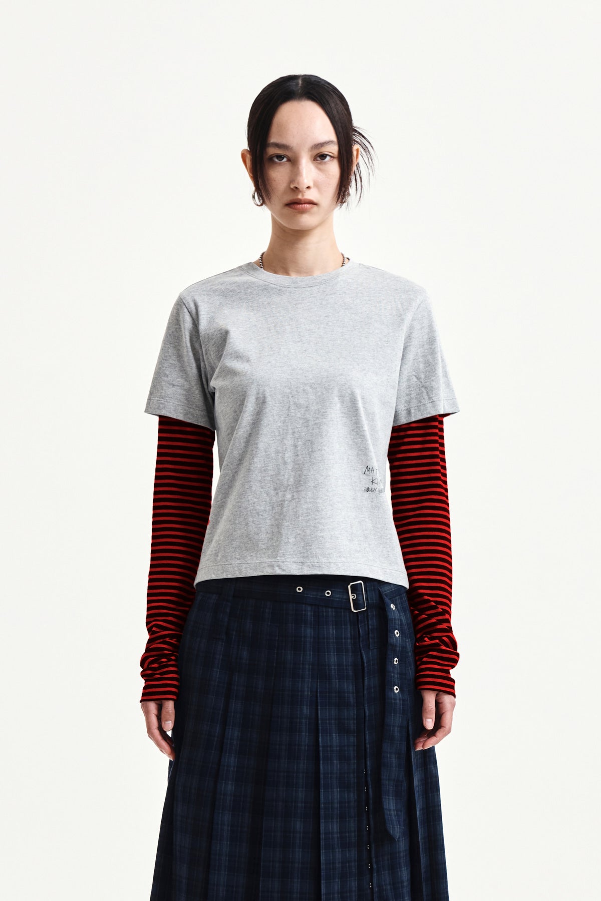 matinkim GRAFFITI LOGO STRIPE LAYERED TOP IN GREY