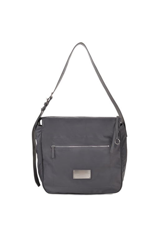 matinkim EMBOSSED LOGO FABRIC SHOULDER BAG IN CHARCOAL