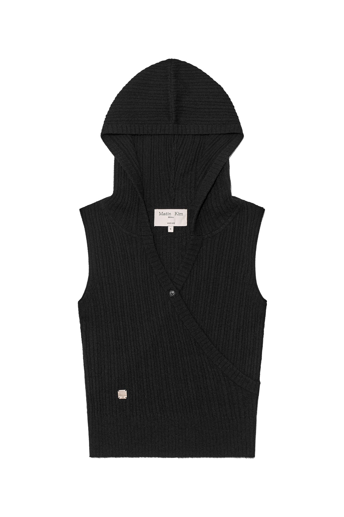 matinkim WRAP SLEEVELESS KNIT HOODY TOP IN BLACK