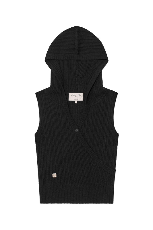 matinkim WRAP SLEEVELESS KNIT HOODY TOP IN BLACK