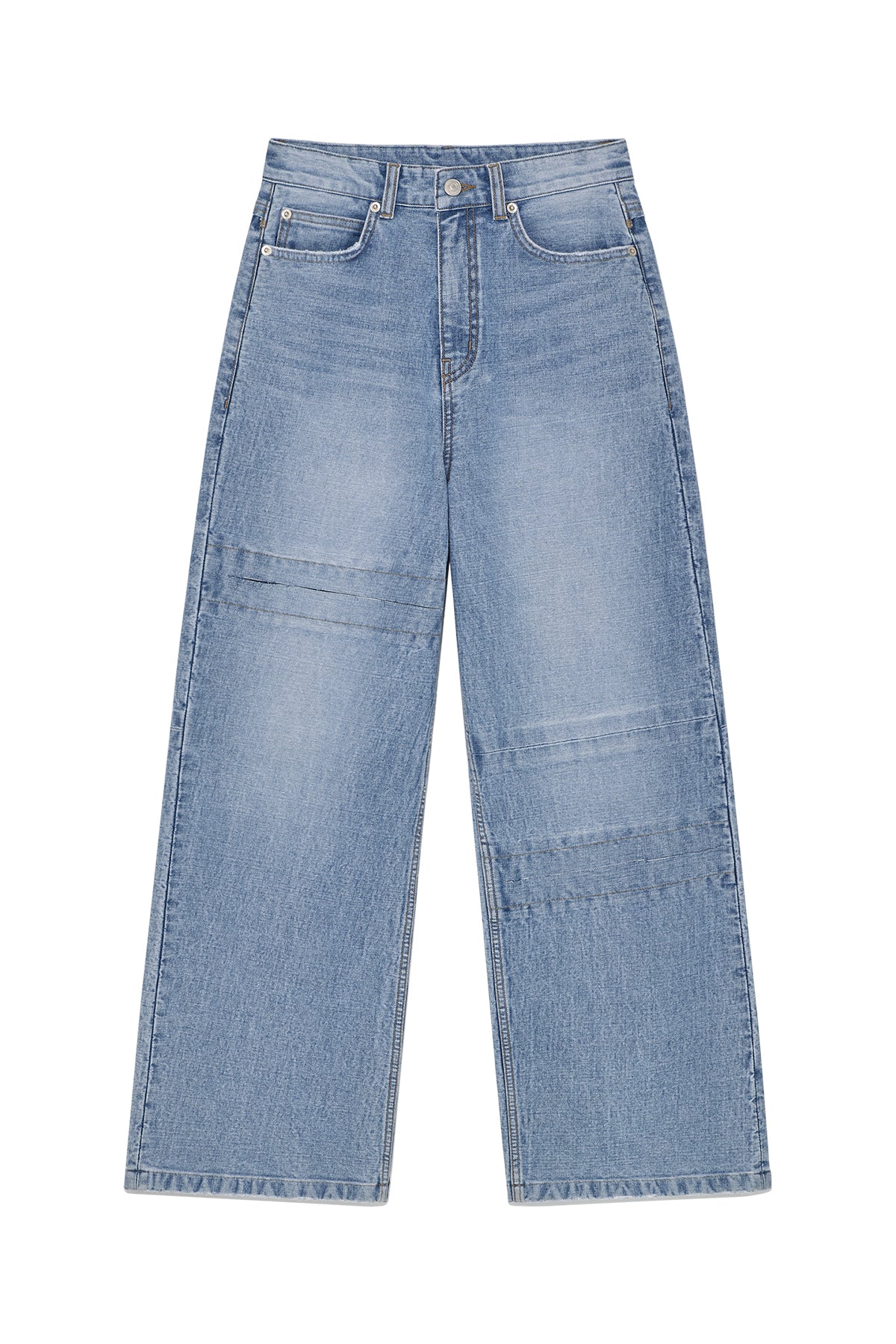 matinkim UNBALANCE CUT POINT DENIM PANTS IN BLUE