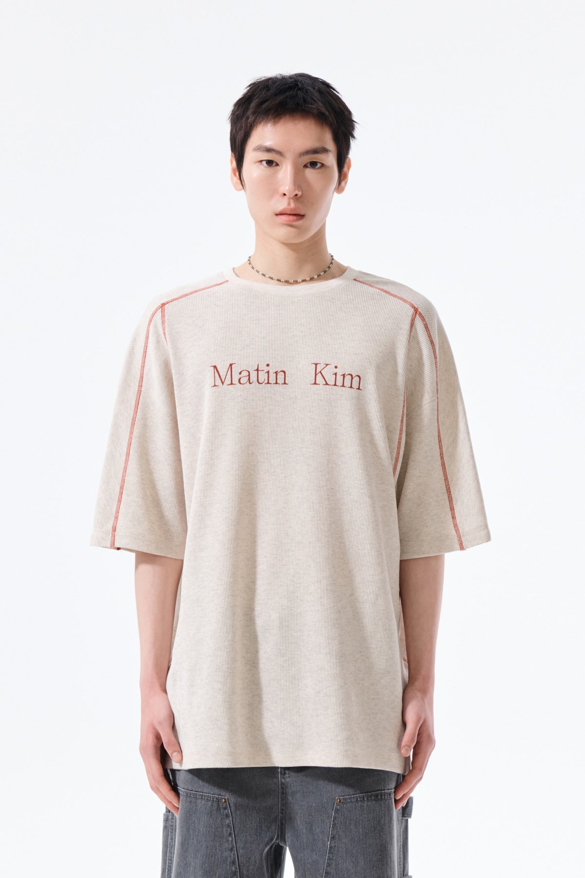 matinkim MATIN KIM LOGO WAFFLE TOP FOR MEN IN LIGHT BEIGE