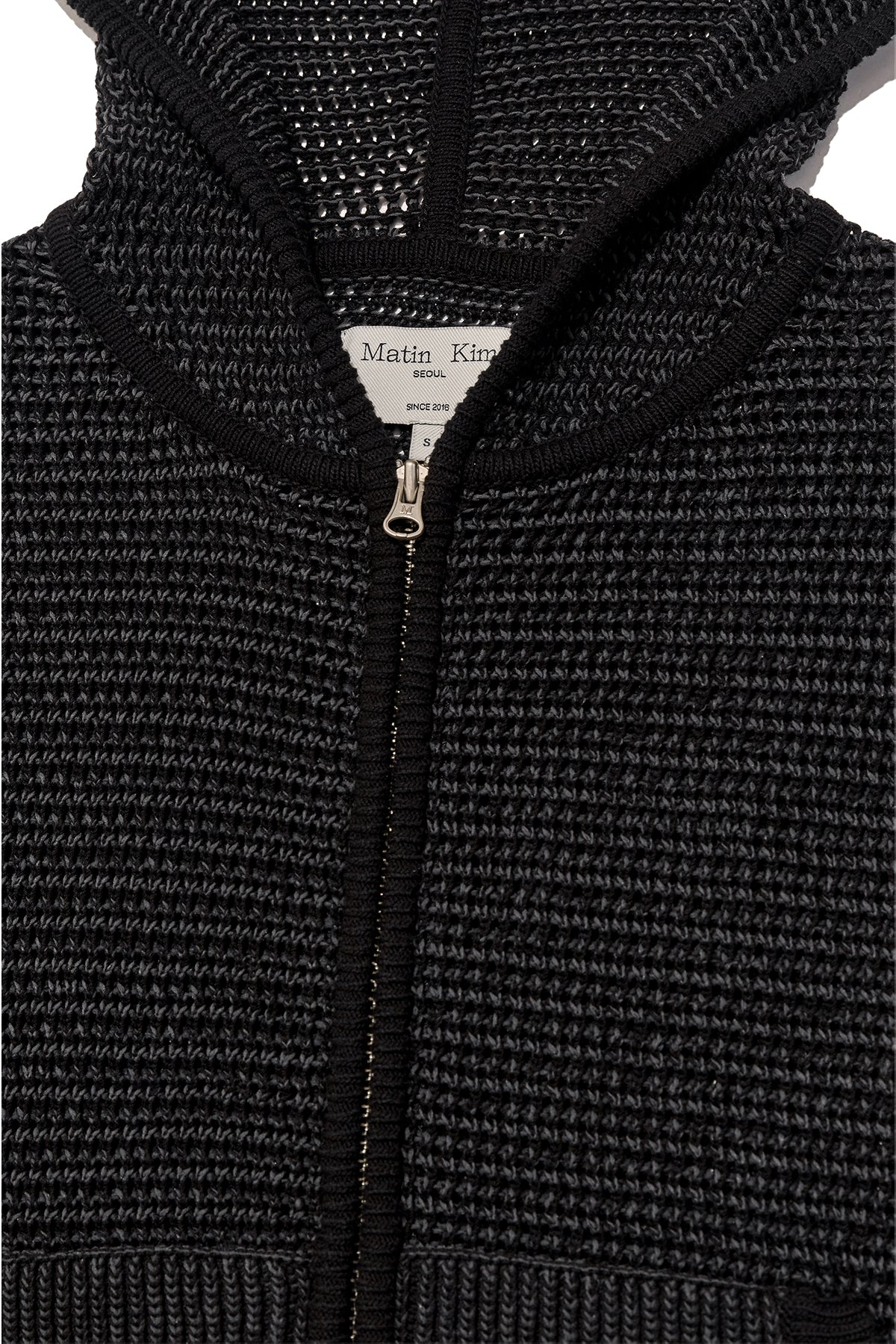 matinkim TWO TONE MESH KNIT HOODY ZIP UP IN BLACK