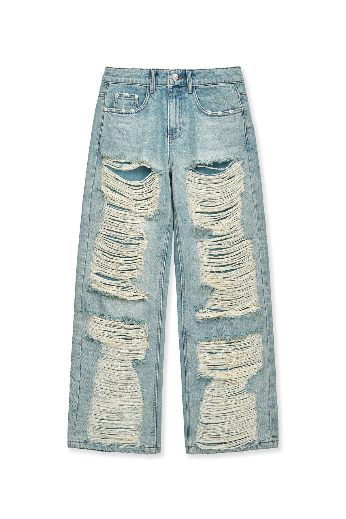 matinkim HEAVY DESTROYED DENIM PANTS IN LIGHT BLUE