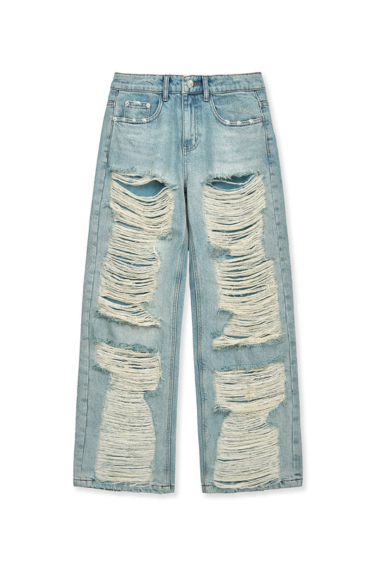 matinkim HEAVY DESTROYED DENIM PANTS IN LIGHT BLUE
