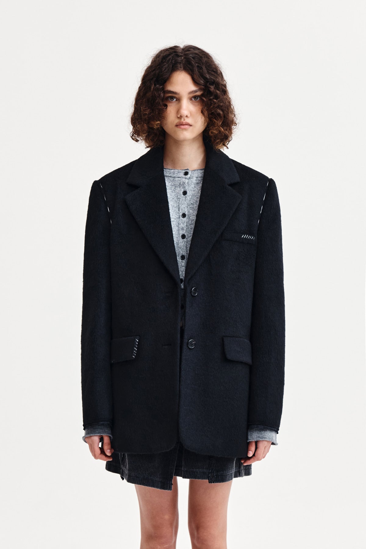 matinkim HAIRY OVERFIT STITCH SINGLE JACKET IN BLACK