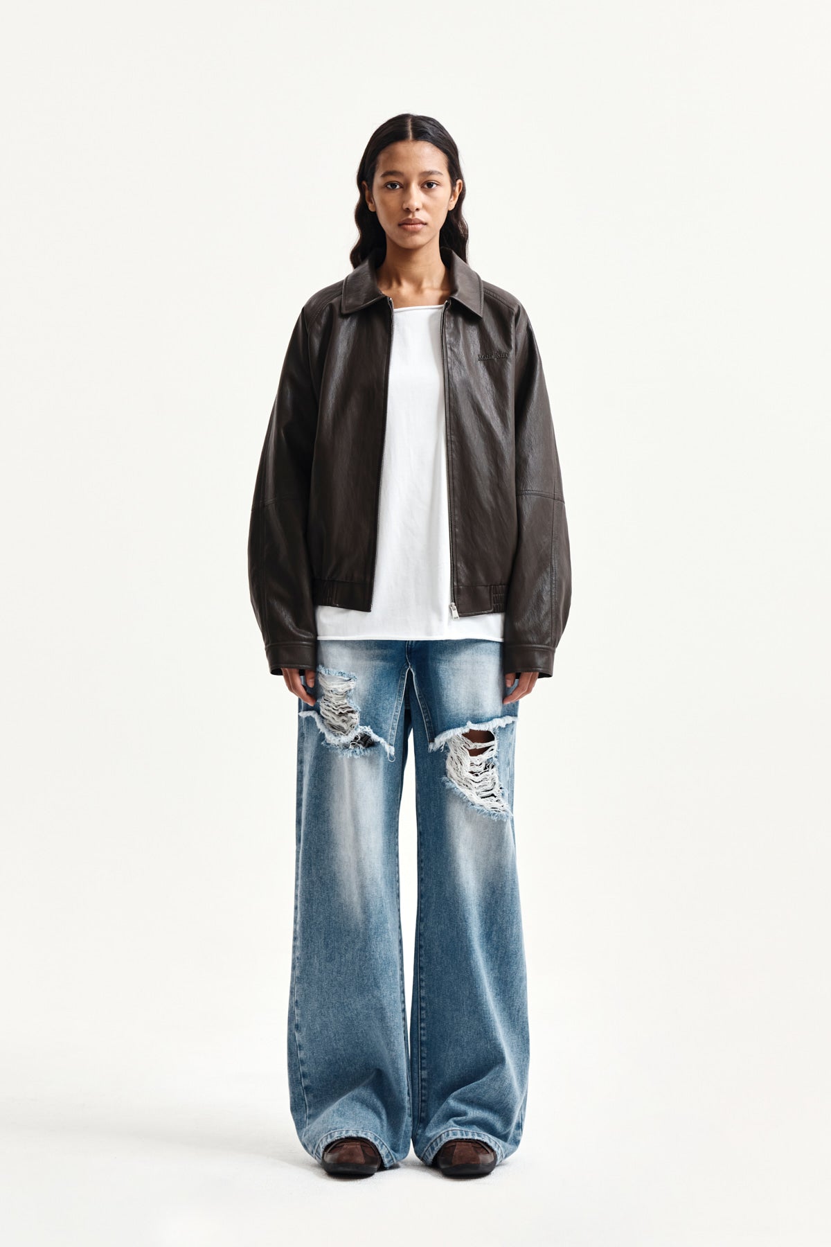 matinkim FRONT LAYERED DISTRESSED DENIM PANTS IN BLUE