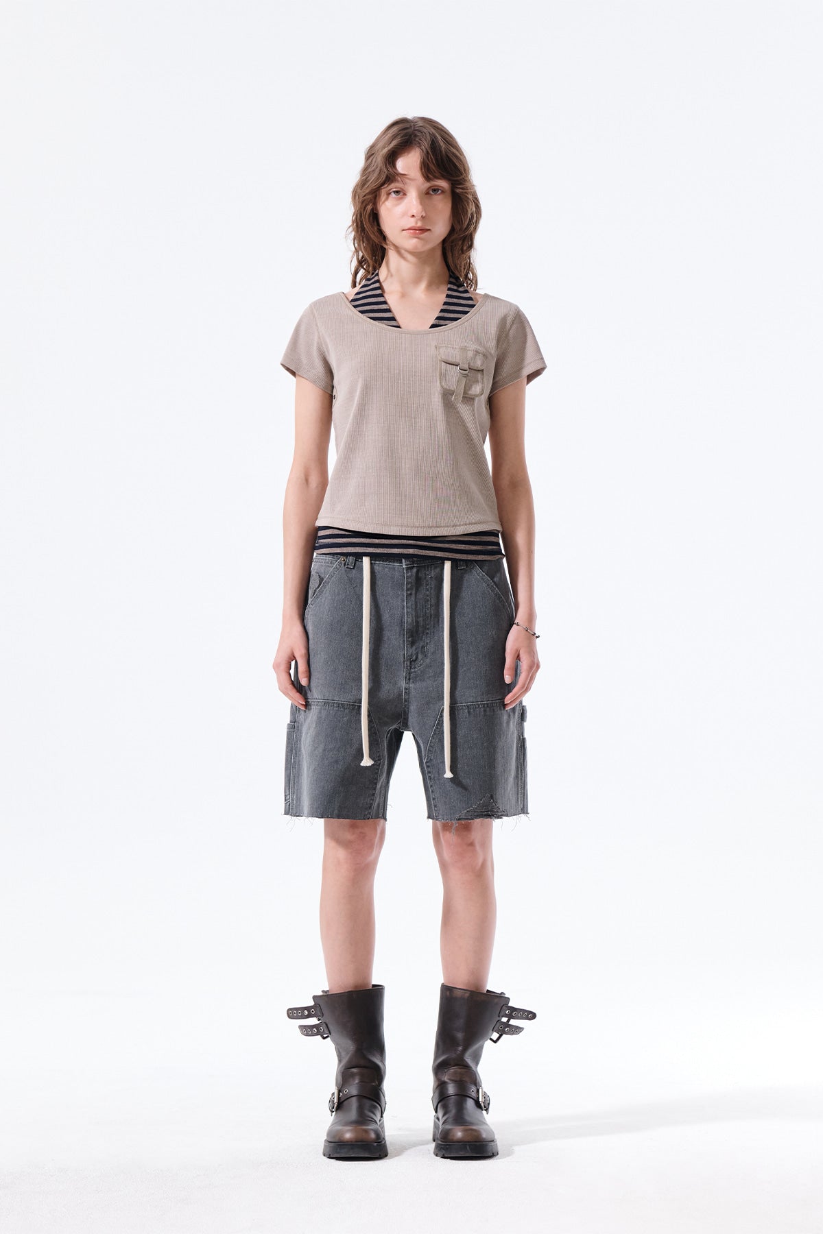 matinkim HERINGBONE RAW CUT DENIM SHORTS IN GREY