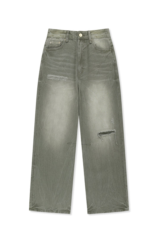 matinkim BACK LOGO WASHED DENIM PANTS IN KHAKI