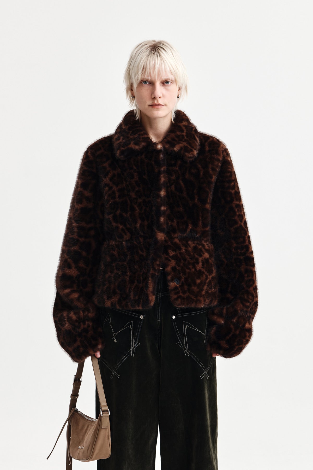 matinkim LEOPARD FUR CROP JACKET IN BROWN