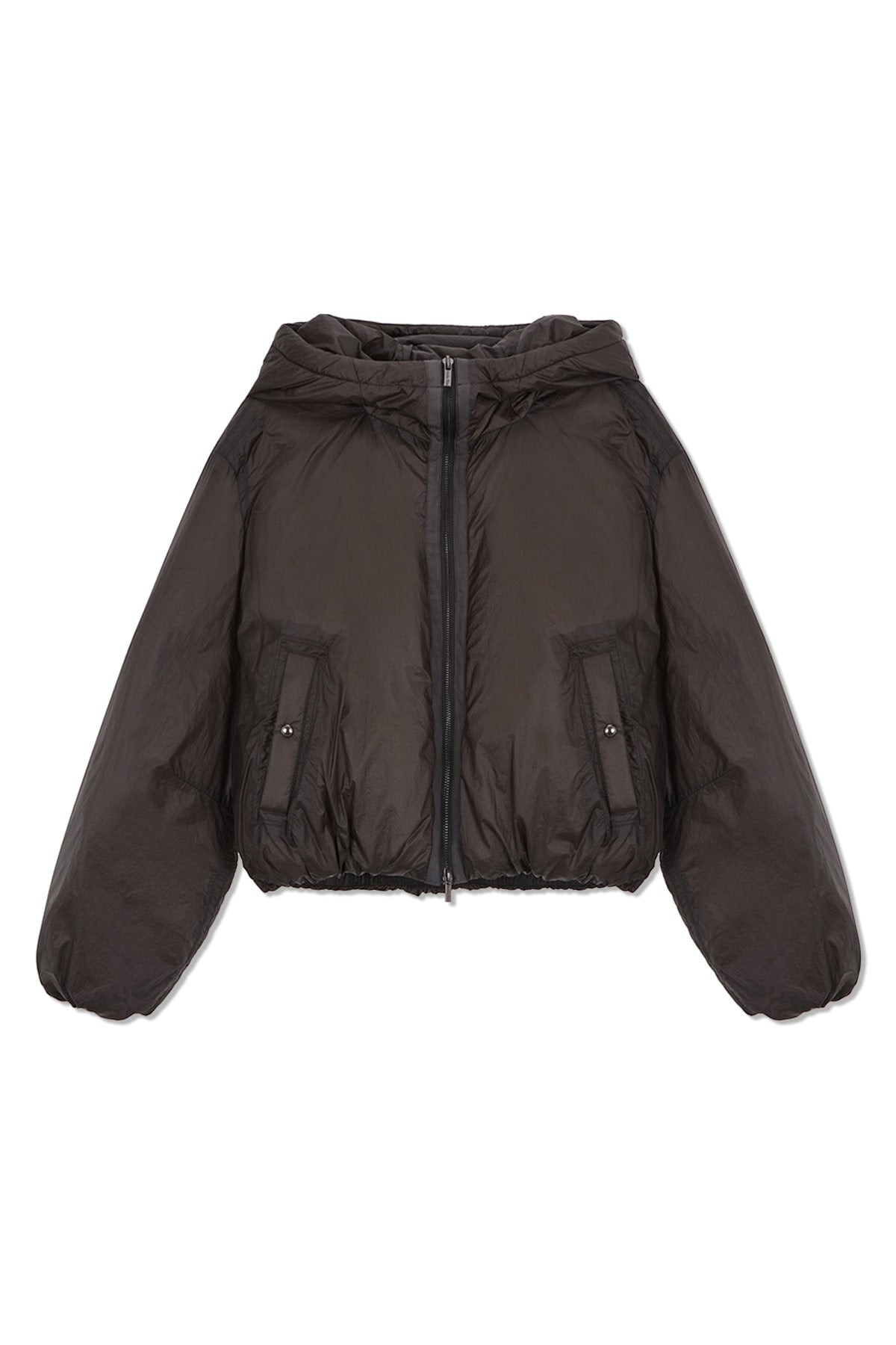matinkim BACK LOGO HOODY SHORT DOWN JUMPER IN CHARCOAL