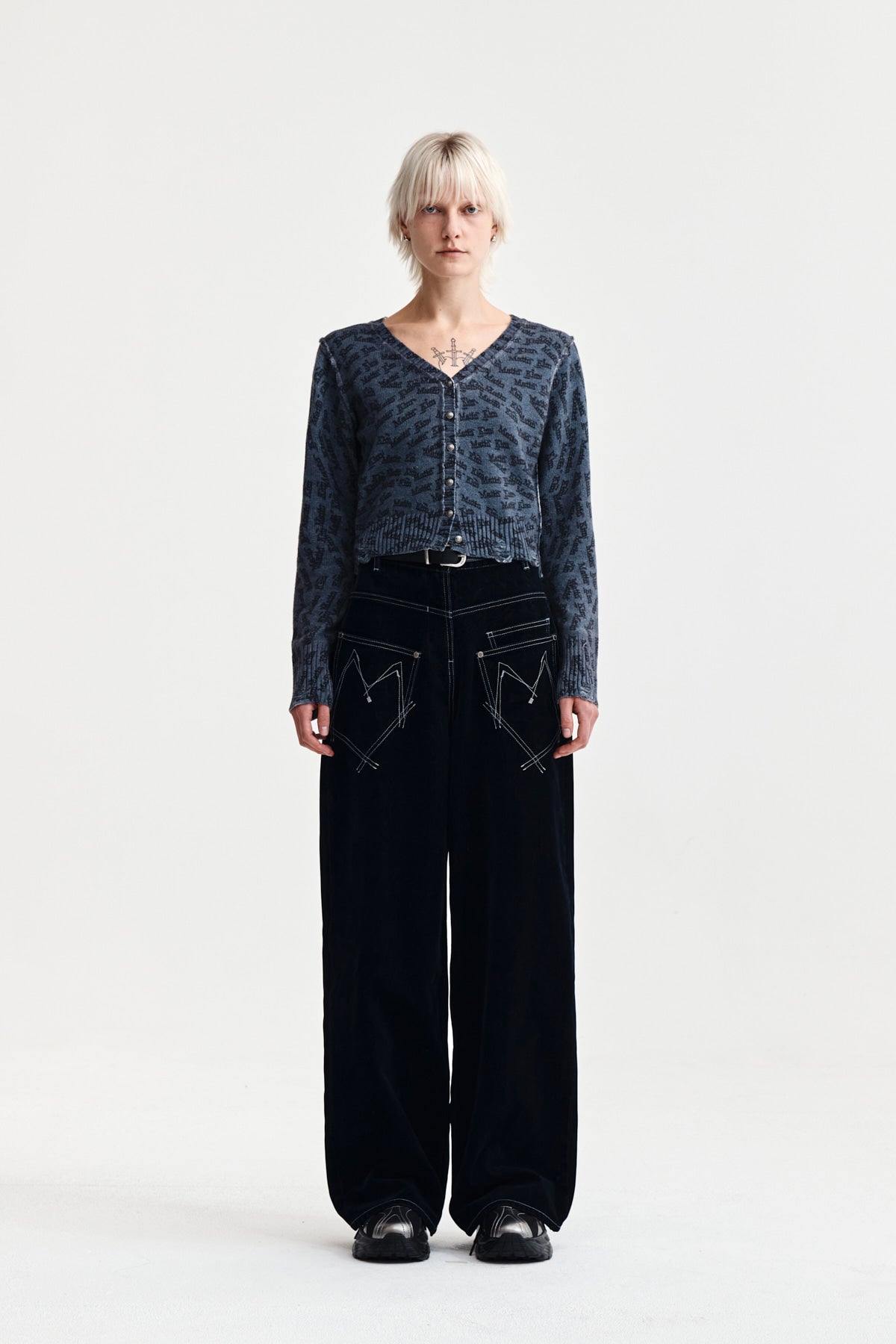 matinkim REVERSE VELVET WIDE DENIM PANTS IN NAVY