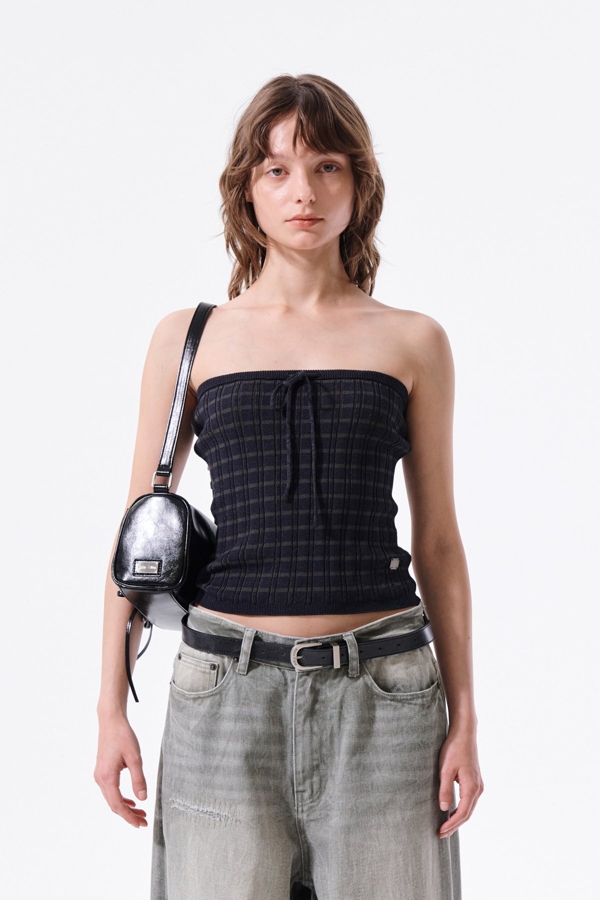 matinkim STRIPE KNIT TUBE TOP IN NAVY