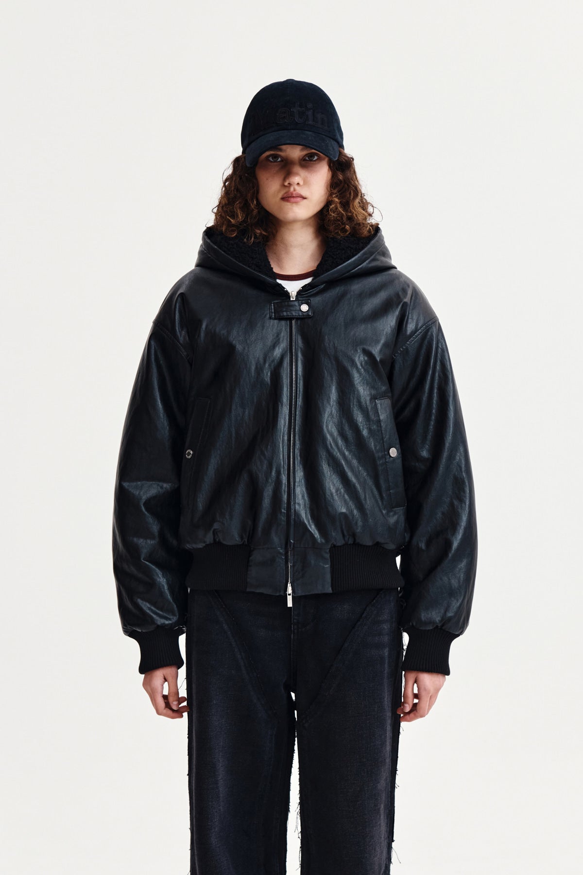 matinkim FAUX LEATHER ZIP UP HOODY IN BLACK