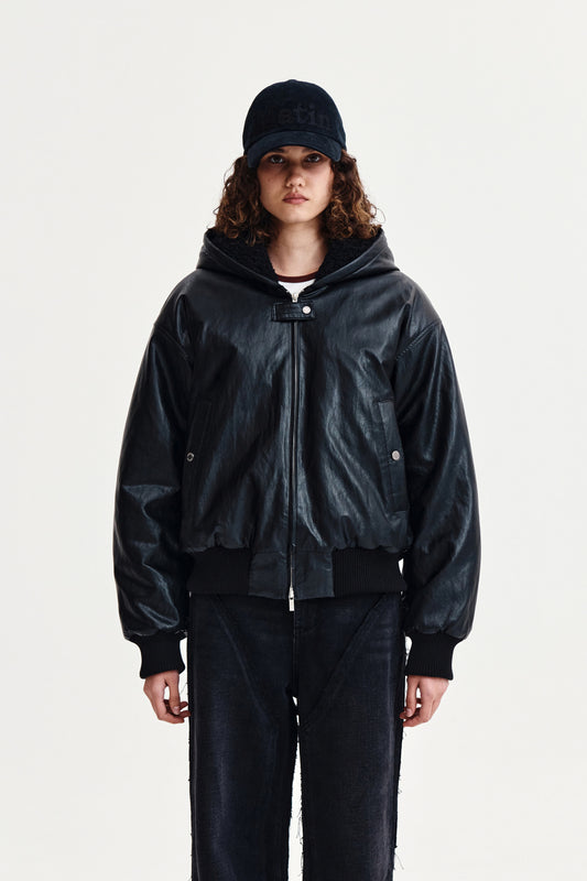matinkim FAUX LEATHER ZIP UP HOODY IN BLACK