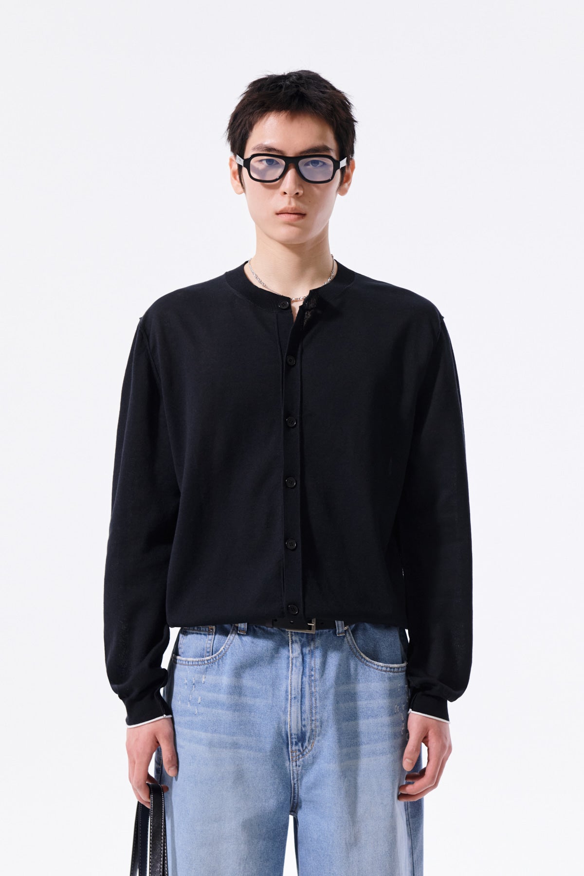 matinkim BACK LOGO SHEER CARDIGAN FOR MEN IN BLACK