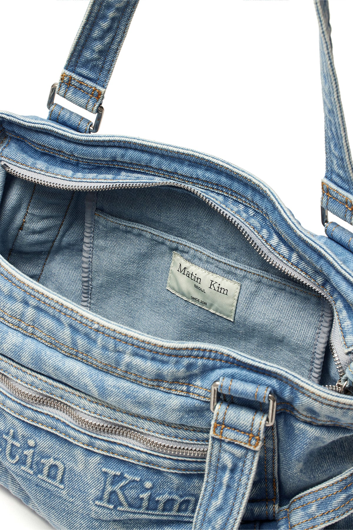 matinkim MATIN WASHED DENIM SQUARE BAG IN LIGHT BLUE