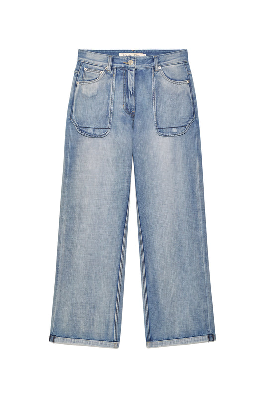 matinkim OUT POCKET WASHED DENIM PANTS IN LIGHT BLUE