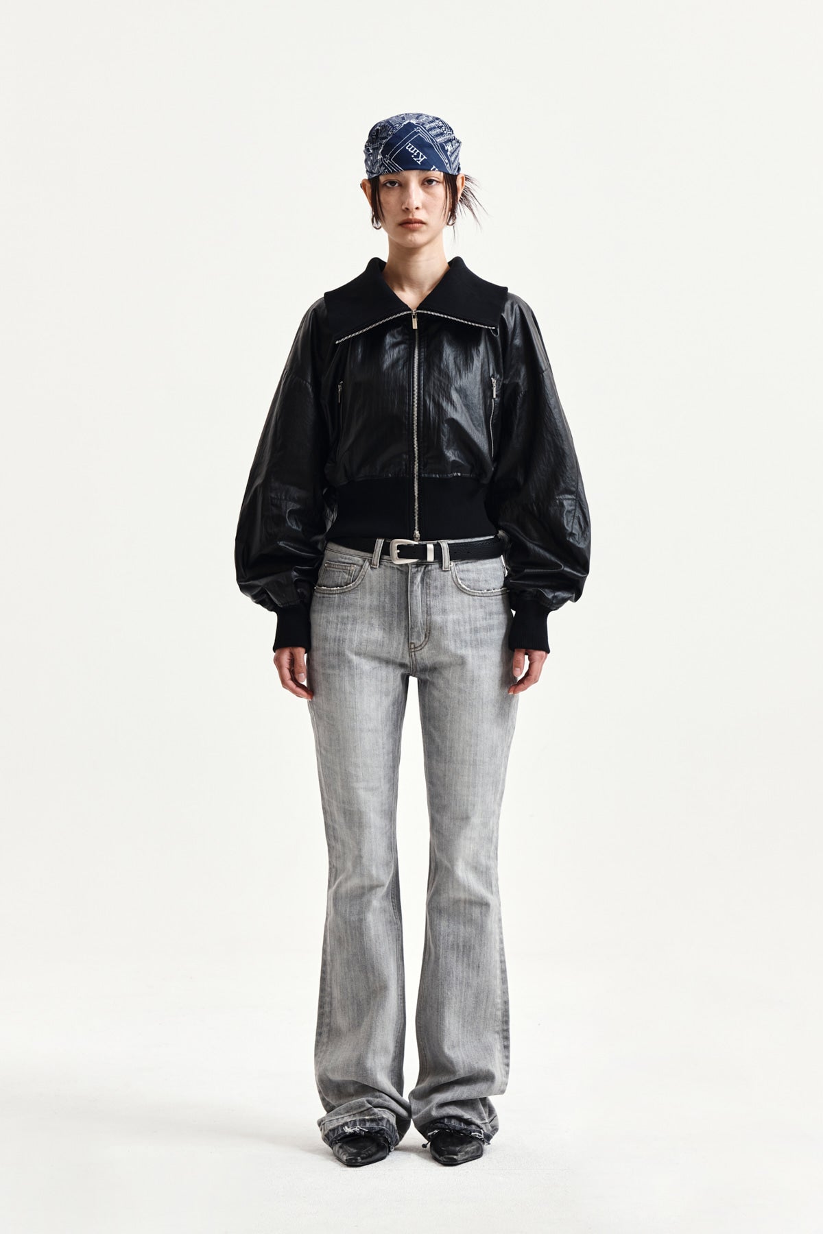 matinkim WASHED POINT BOOTS CUT DENIM PANTS IN GREY