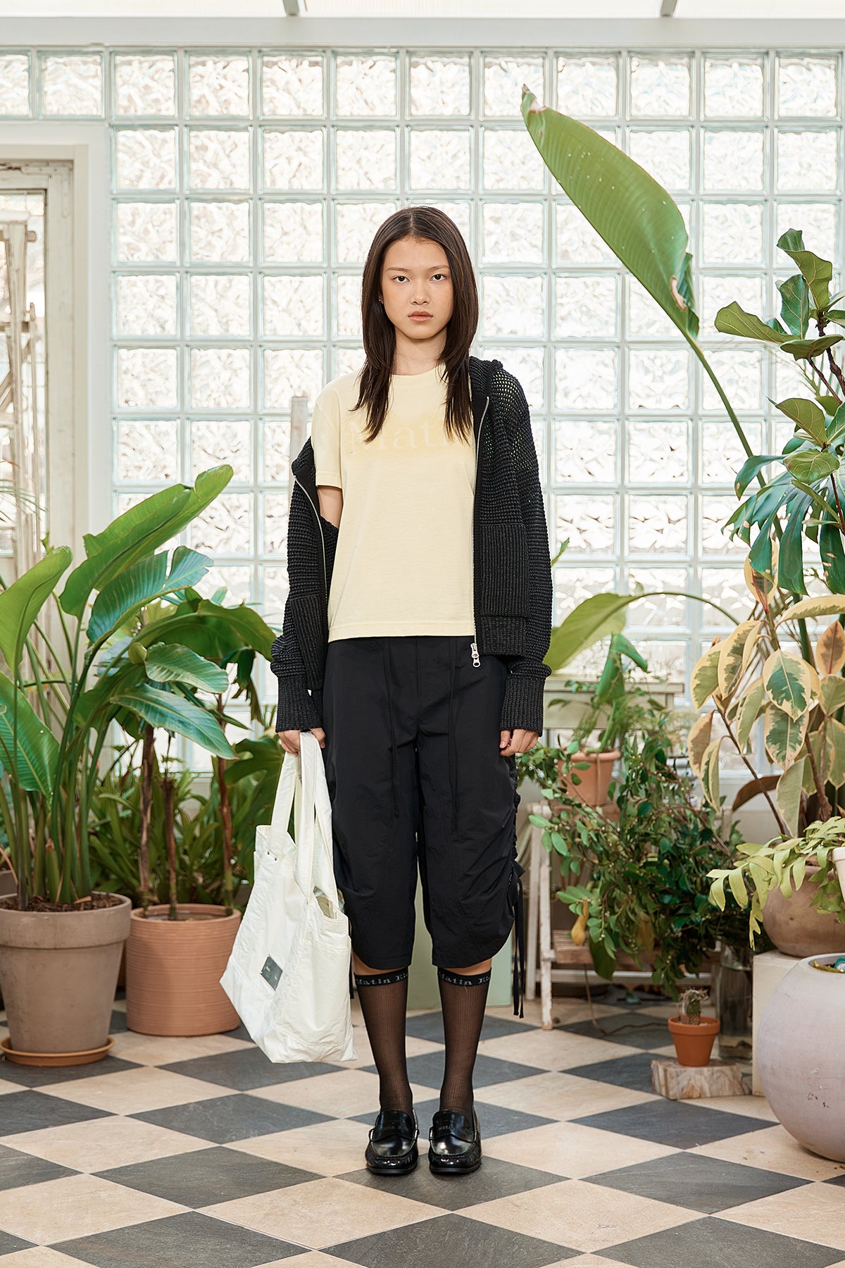 matinkim TWO TONE MESH KNIT HOODY ZIP UP IN BLACK