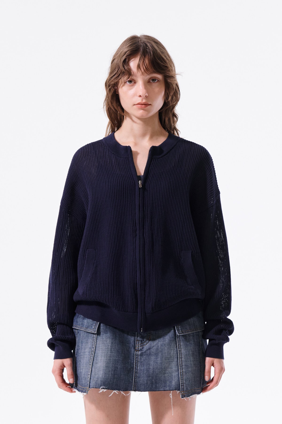 matinkim BACK LOGO JACQUARD MESH KNIT ZIP UP IN NAVY