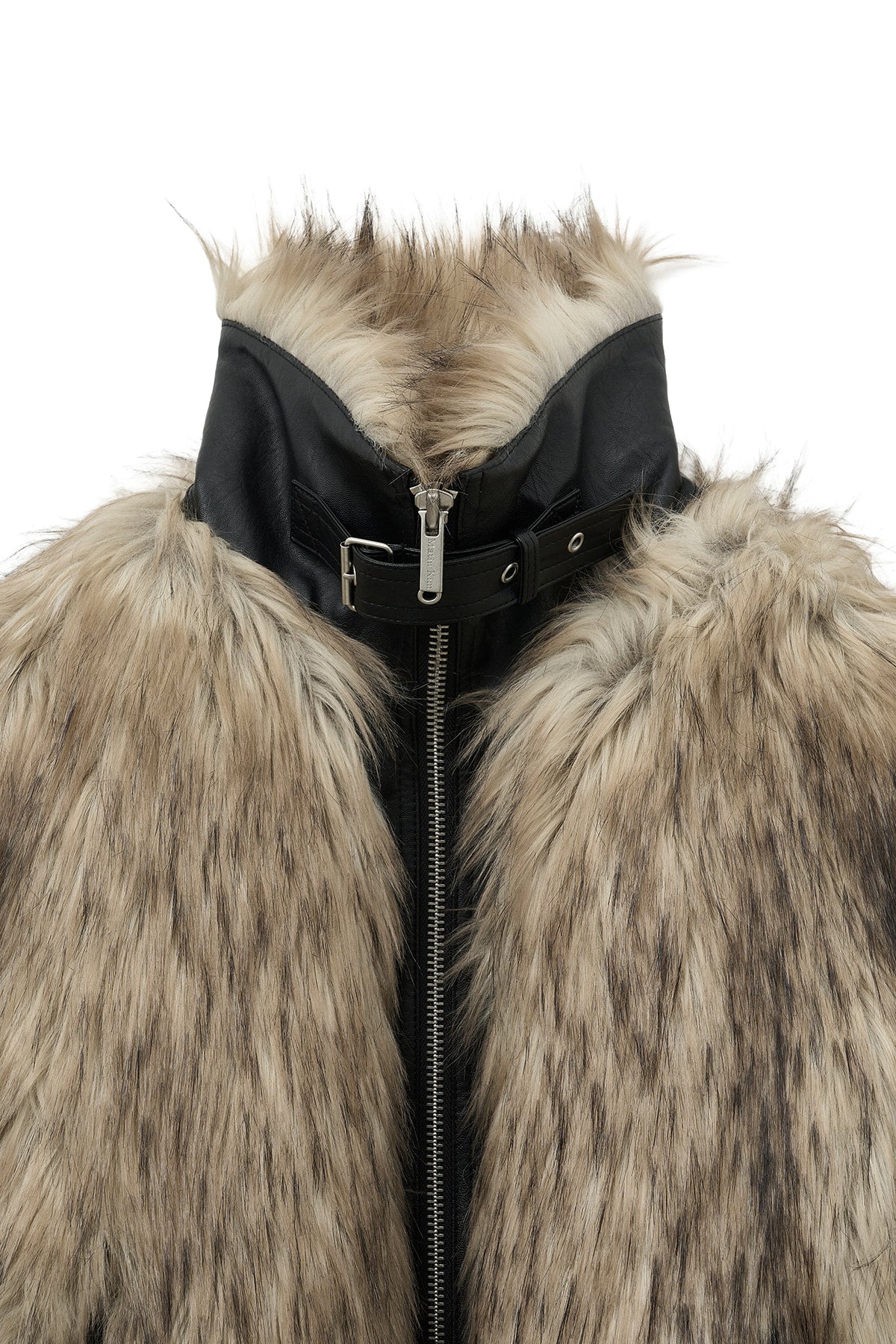 matinkim NECK BUCKLE CROP FUR JUMPER IN BEIGE