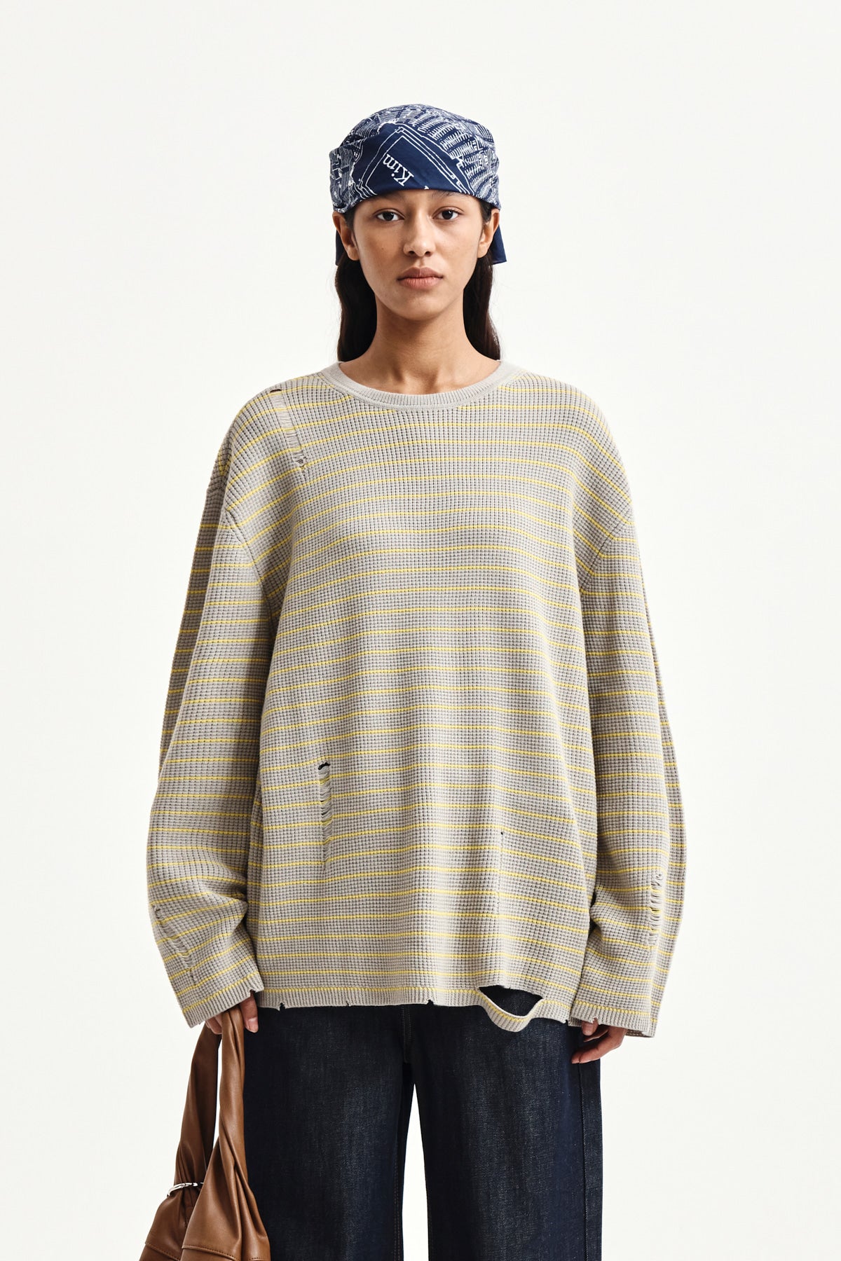 matinkim STRIPE DAMAGED LOOSE PULLOVER IN BEIGE