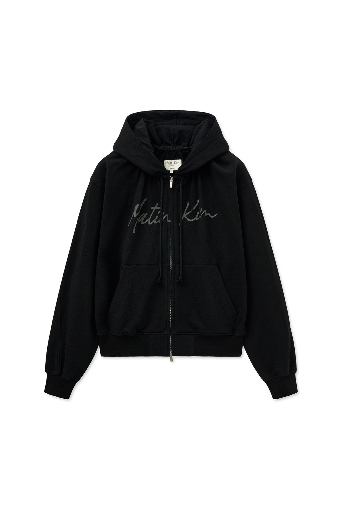 matinkim DRAWSTRING POINT ZIP UP HOODY IN BLACK