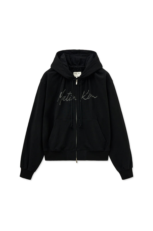 matinkim DRAWSTRING POINT ZIP UP HOODY IN BLACK