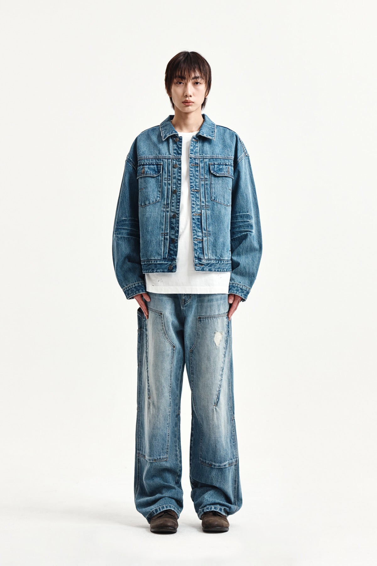matinkim VINTAGE WASHED DOUBLE KNEE DENIM PANTS FOR MEN IN BLUE