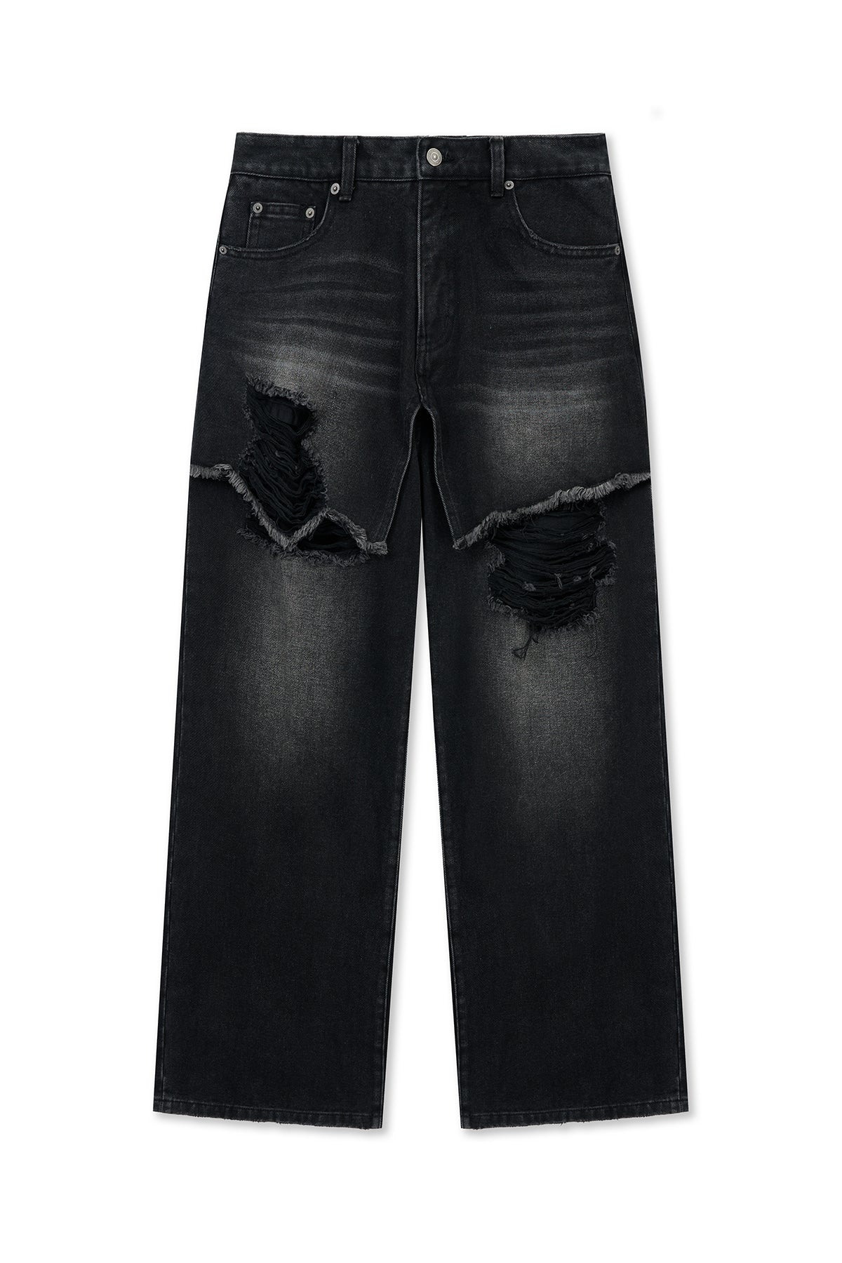 matinkim FRONT LAYERED DISTRESSED DENIM PANTS IN BLACK