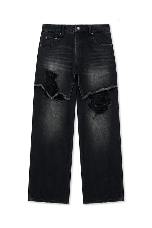 matinkim FRONT LAYERED DISTRESSED DENIM PANTS IN BLACK